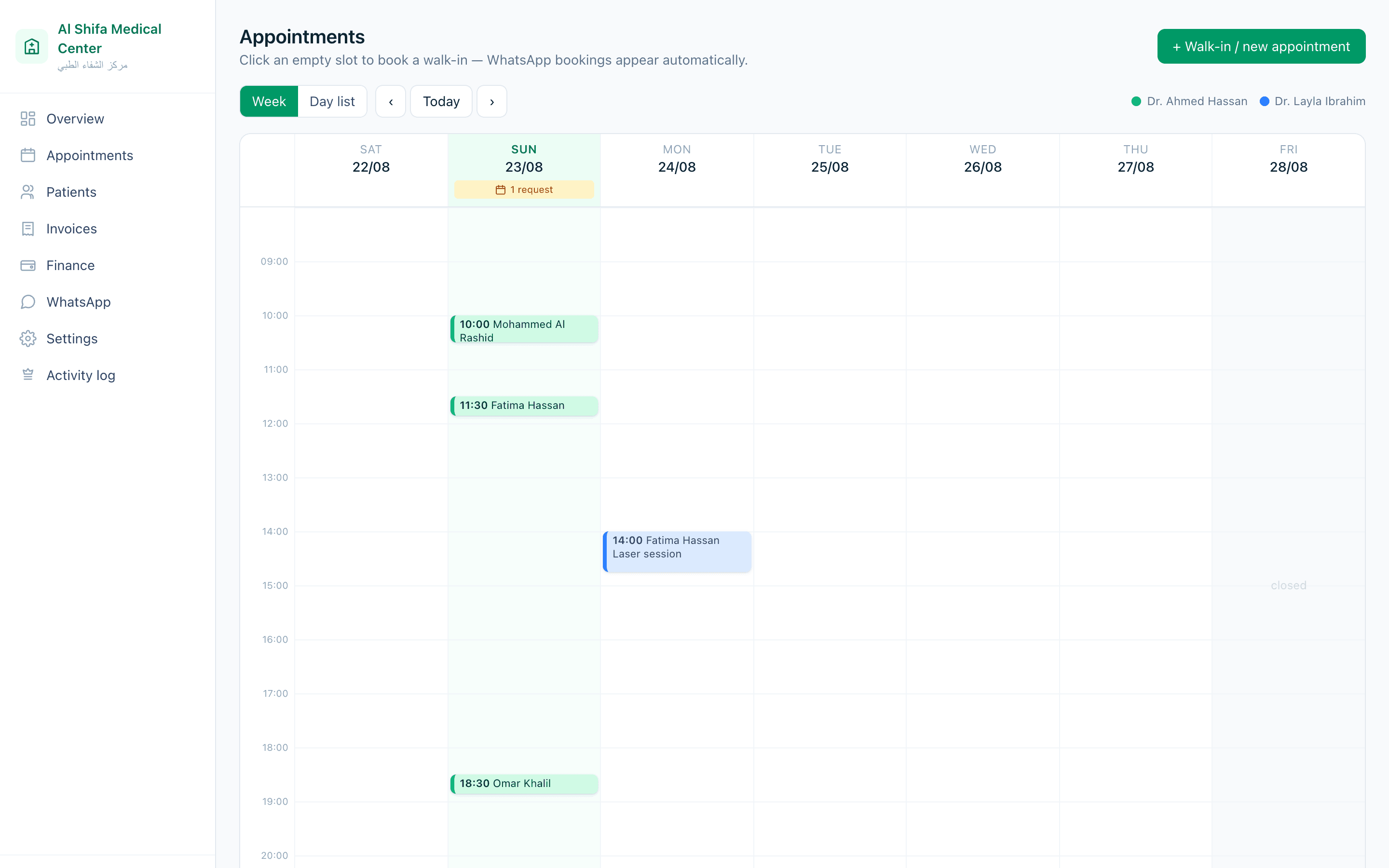 The appointments calendar, coloured by doctor, with each booking's status.