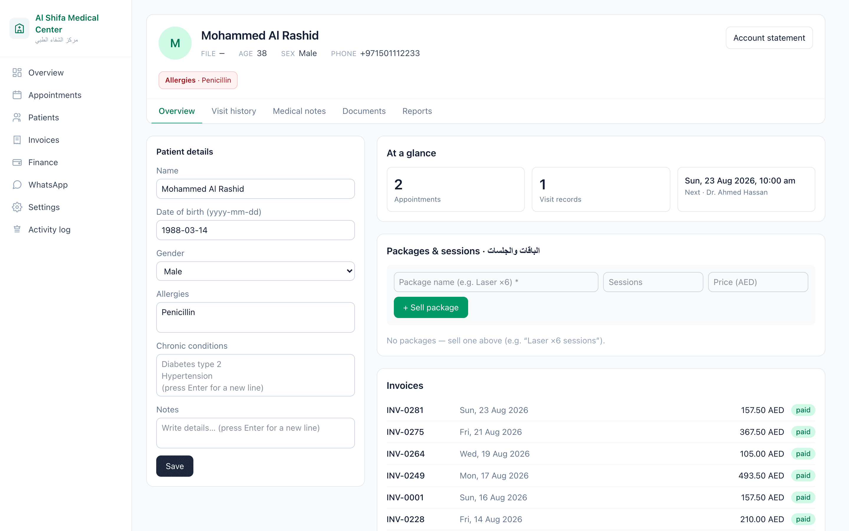 A patient file: details, chronic conditions, visit history, packages and every invoice.